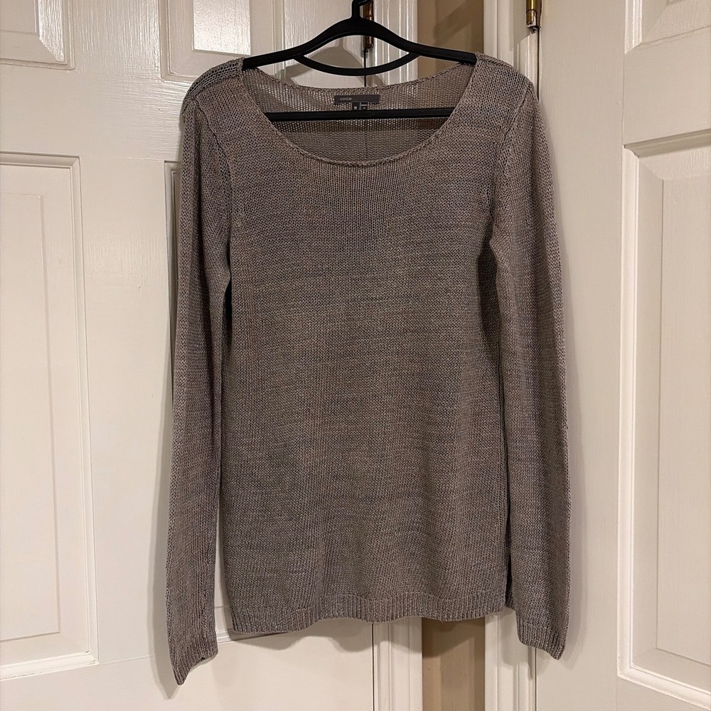 Vince Womens Relaxed Fit Knit Sweater Taupe Brown M Linen Blend Scoop Neck